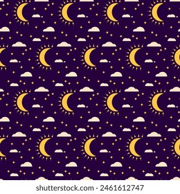 Moon Night Seamless Pattern. Dark Texture. Vector Illustration of the Sky Background with Clouds and Stars.