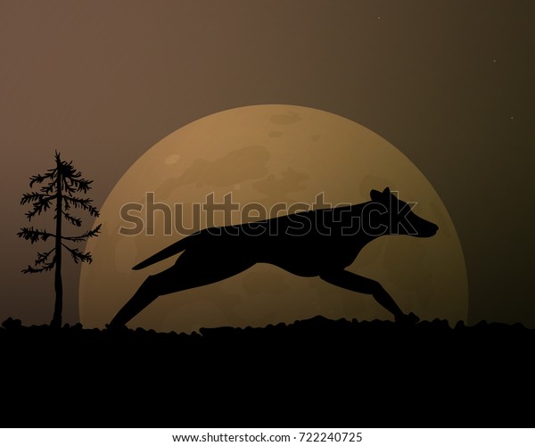 Moon in the night. Silhouette black wolf vector\
illustration. Magic sky.