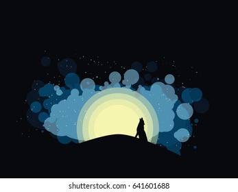 moon night with silhoutte of a wolf