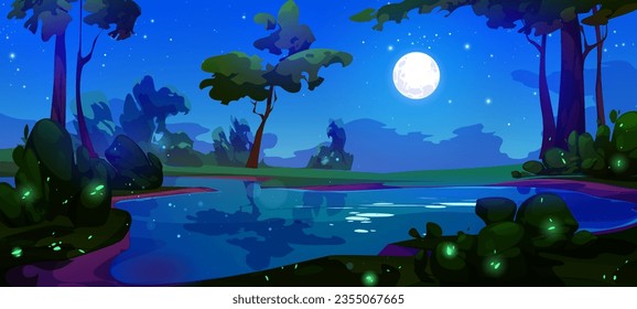 Moon in night sky above forest lake cartoon background. Star reflection in pond water with beautiful skyline panorama view. Magic moonlight with firefly peaceful nature game picture at nighttime