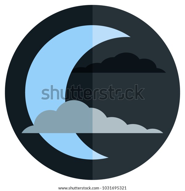 Moon in the night sky with clouds. Minimalistic icon in\
modern flat design style. Dreams sleep dark fantasy shadow stars\
cartoon concept trendy. Template vector illustration high quality.\
