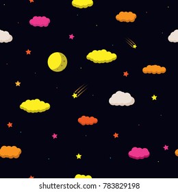 The moon and the night sky in the clouds. A seamless pattern creating a fabulous mood.