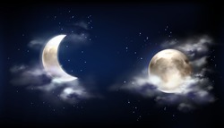 Moon In Night Sky With Clouds And Stars. Vector Realistic Illustration Of Full Moon And Crescent On Dark Midnight Sky. Starry Outer Space With Bright Glowing Planet And Fog