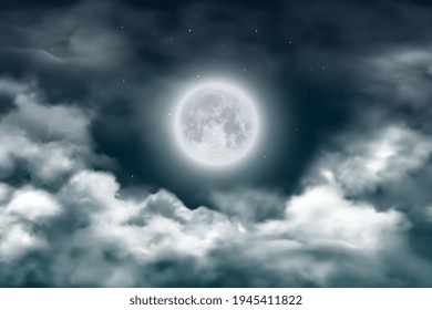 Moon in night sky with clouds and stars. Vector realistic full moon on dark midnight heaven. Starry outer space with bright glow satellite planet and moonlight at mystical fog. 3d twilight landscape