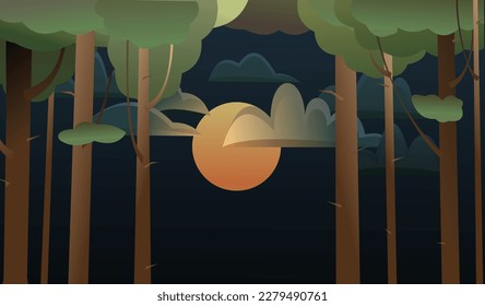 Cielo de luna y noche en el borde del bosque. El verde paisaje veraniego con plantas. Estilo divertido de caricatura. Diseño plano. Vector.