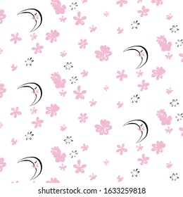 Moon, Night sky and flowers fabric texture, children's pattern