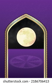 Moon Night Sky Intricate Traditional Pointed arch doorway with Mandala. Purple Festival Background Graphic Resource Vector Illustration. Poster, Banner, Social media post, Website, Greeting Design