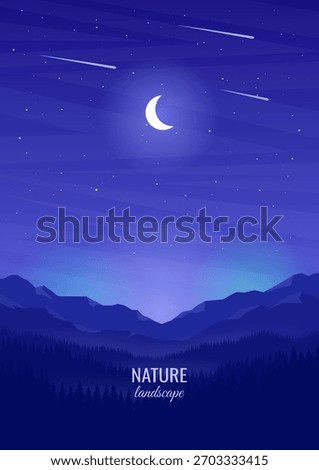 Moon in the night sky. Night landscape with mountain ranges and forest in flat style. Vector illustration.