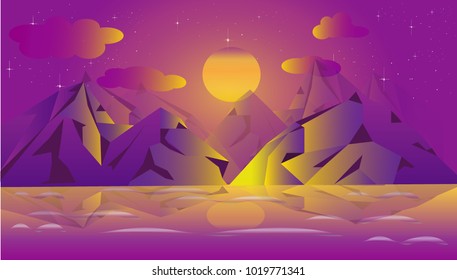 Moon night sky landscape vector art, mountain and river with moon lighting sky background, low poly effect mountains, spring scene night concept, purple tone color, vector art illustration.