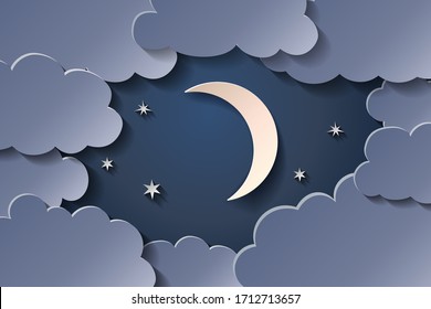 Moon In The Night Sky And Many Clouds.