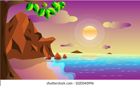 moon night sky scene ocean view scape vector , dark night scene with full moon, tree and gold beach, mountain background, low poly effect and vector art and illustration, summer concept.