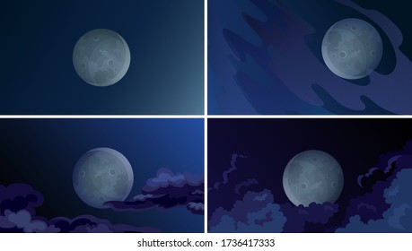 Moon in the night sky. Set of beautiful scenery.