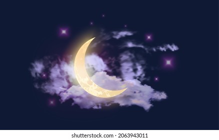 Moon in the night sky with stars and clouds. Magic moonlight, illustration for night celebrations, astrology.