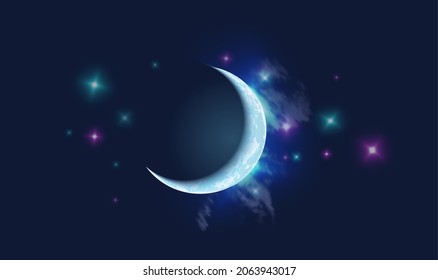 Moon in the night sky with stars and clouds. Magic moonlight, illustration for night celebrations, astrology.