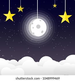 Moon in night sky with stars on space and galaxy background, good night concept using for kids vector illustration, flat design paper art