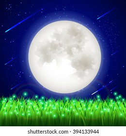 The moon of the night starry sky meteorite field of fireflies