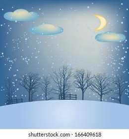 Moon night, trees, snow and Christmas