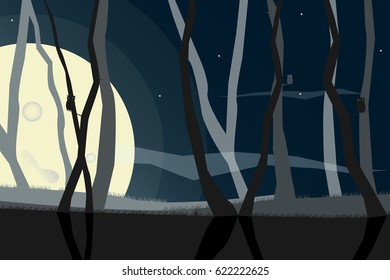 Moon night wild forest landscape with owls.Vector illustration