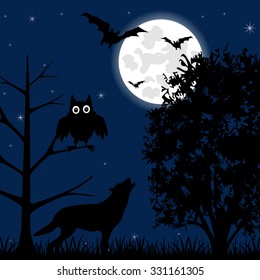 The Moon night in wood in halloween.Vector illustration