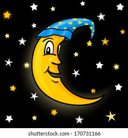 Moon in nightcap with stars on night sky vector illustration