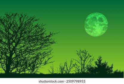 Moon Nightscape Landscape green theme summer nature silhouette scene vector illustration background wallpaper