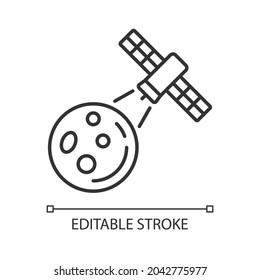 Moon observation process linear icon. Lunar surface research mission by artifial satelite. Thin line customizable illustration. Contour symbol. Vector isolated outline drawing. Editable stroke