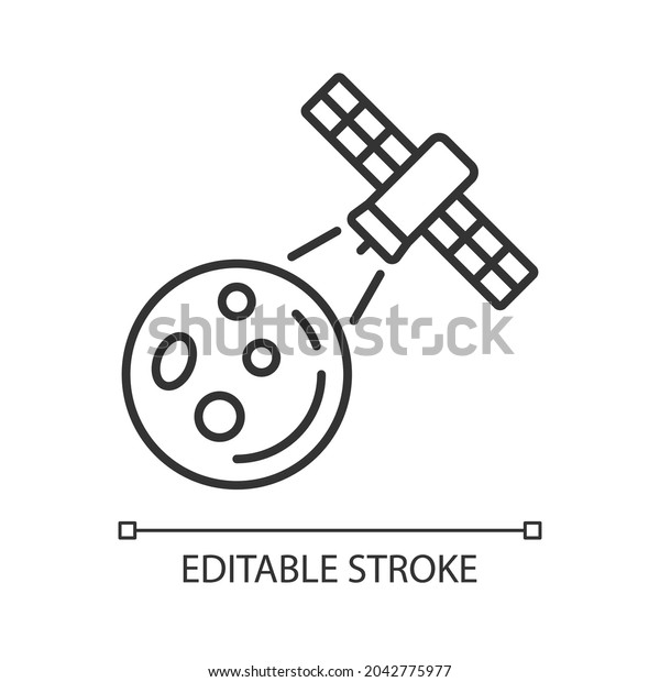 Moon observation process linear icon. Lunar\
surface research mission by artifial satelite. Thin line\
customizable illustration. Contour symbol. Vector isolated outline\
drawing. Editable stroke