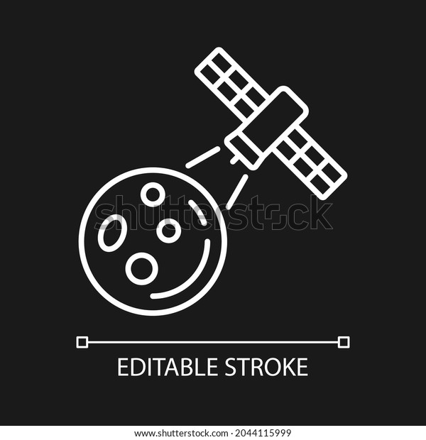 Moon observation process white linear icon for\
dark theme. Lunar surface research mission. Thin line customizable\
illustration. Isolated vector contour symbol for night mode.\
Editable stroke