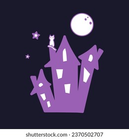 Moon, an old house and cat in naive style. Haloween illustration in purple tones. Icon. Clipart. Isolated element.	 