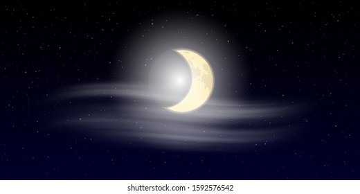 The moon on the background of the starry sky. A small cloud in the moonlight. Vector illustration.