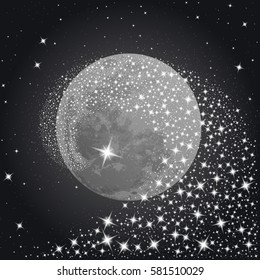 Moon on black background with stars, vector 