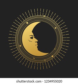 Moon on black background. Vector illustration in retro style