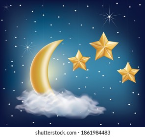 Moon on cloud with stars. vector