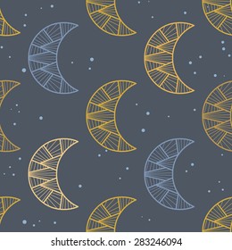 Moon on dark blue background. Vector seamless pattern