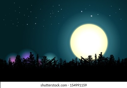 moon on a dark sky in the trees