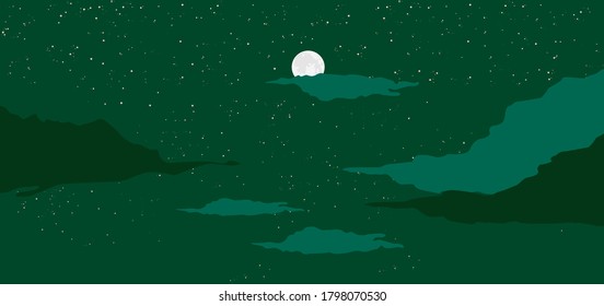 Moon on night green background. Northern lights bright space landscape with mystical clouds galactic luminous infinity constellations and nebula in moon vector light beautiful astronomical.