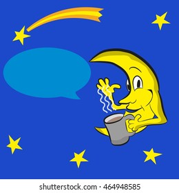 the moon on the night sky background, waving his hand, wished good night, drinking the aromatic black coffee, vector illustration. Cartoon