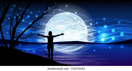 Moon on the night sky. man hands stretch magic silhouette of the sea water. Illustration. Use wallpaper for, the website, smart phone, tablet PC, printing, etc.