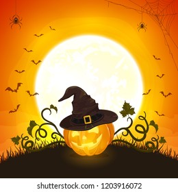 Moon on orange background with Jack O Lantern. Smiling pumpkin with Hat of Witch and bats, illustration.