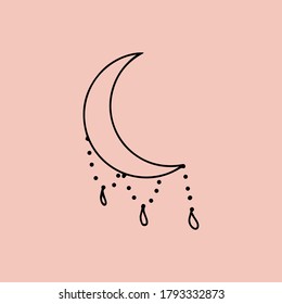 Moon on pink background isolated with jewelry. Stylized moon crescent for yoga pagan witchcraft. Scandinavian hygge nordic style minimalist design celestial themed postcard or poster