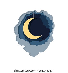 Moon on a rope on a background of clouds cut from paper