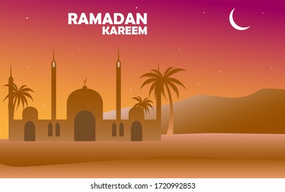 moon on the sky mosque date palm tree Arabian landscape