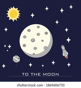 Mond auf Weltraumhintergrund mit Sternen und Raumschiff.
