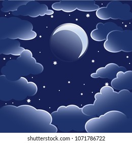 Moon on starry sky background and clouds.