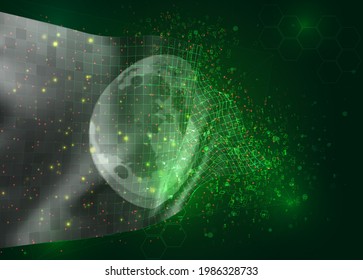 moon, on vector 3d flag on green background with polygons and data numbers