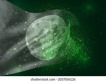 moon, on vector 3d flag on green background with polygons and data numbers