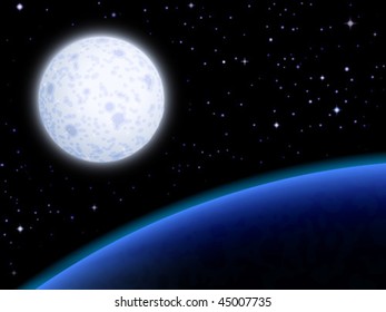 Moon orbiting a blue planet