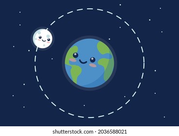 moon orbiting earth cute cartoon vector