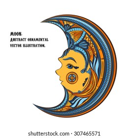 Moon, ornamental doodle vector illustration isolated on white background