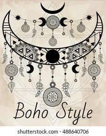 Moon ornamental dream catcher with medallions on the sacred geometry background. Boho chic style. Hand drawn. Vector illustration.